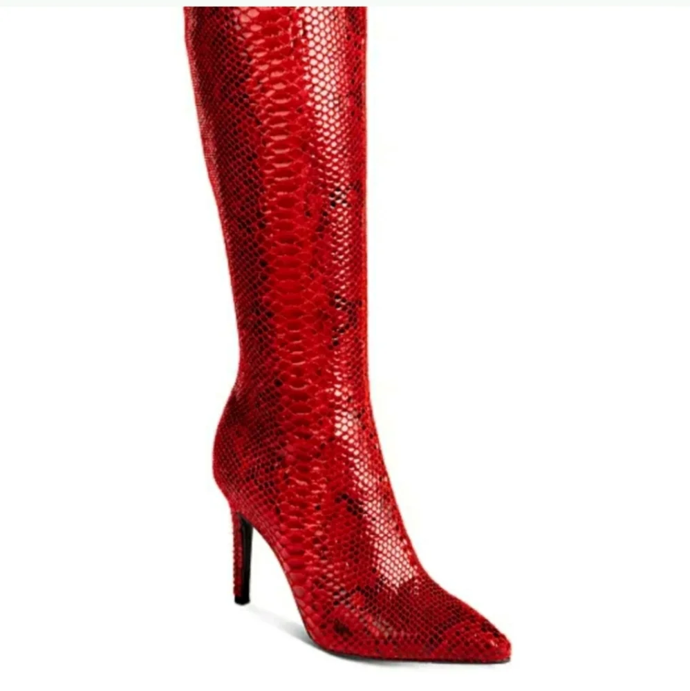 NWT Christmas Red Snakeskin Knee High Leather Boots - Picture 3 of 16